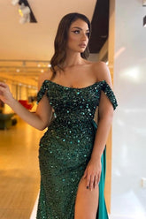 Column Satin Off The Shoulder Sleeveless Green Prom Dress Formal Dress With Slit
